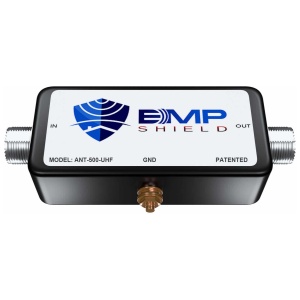 The bmp shield provides EMP protection up to 500 Watts with UHF-Connectors on a white background.