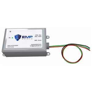 The EMP power supply is connected to a white background, providing EMP protection for a DC 220-300 Volt system.