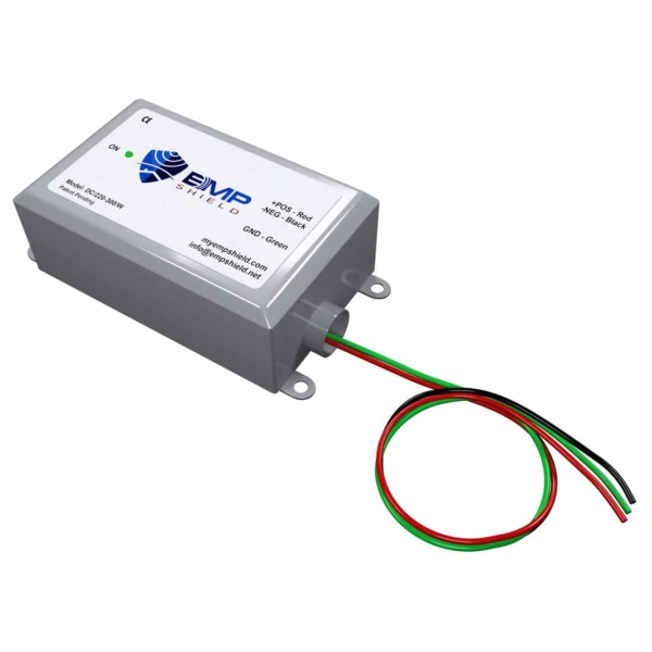 A power supply for a DC 220-300 Volt system with red and green wires that provides EMP protection.