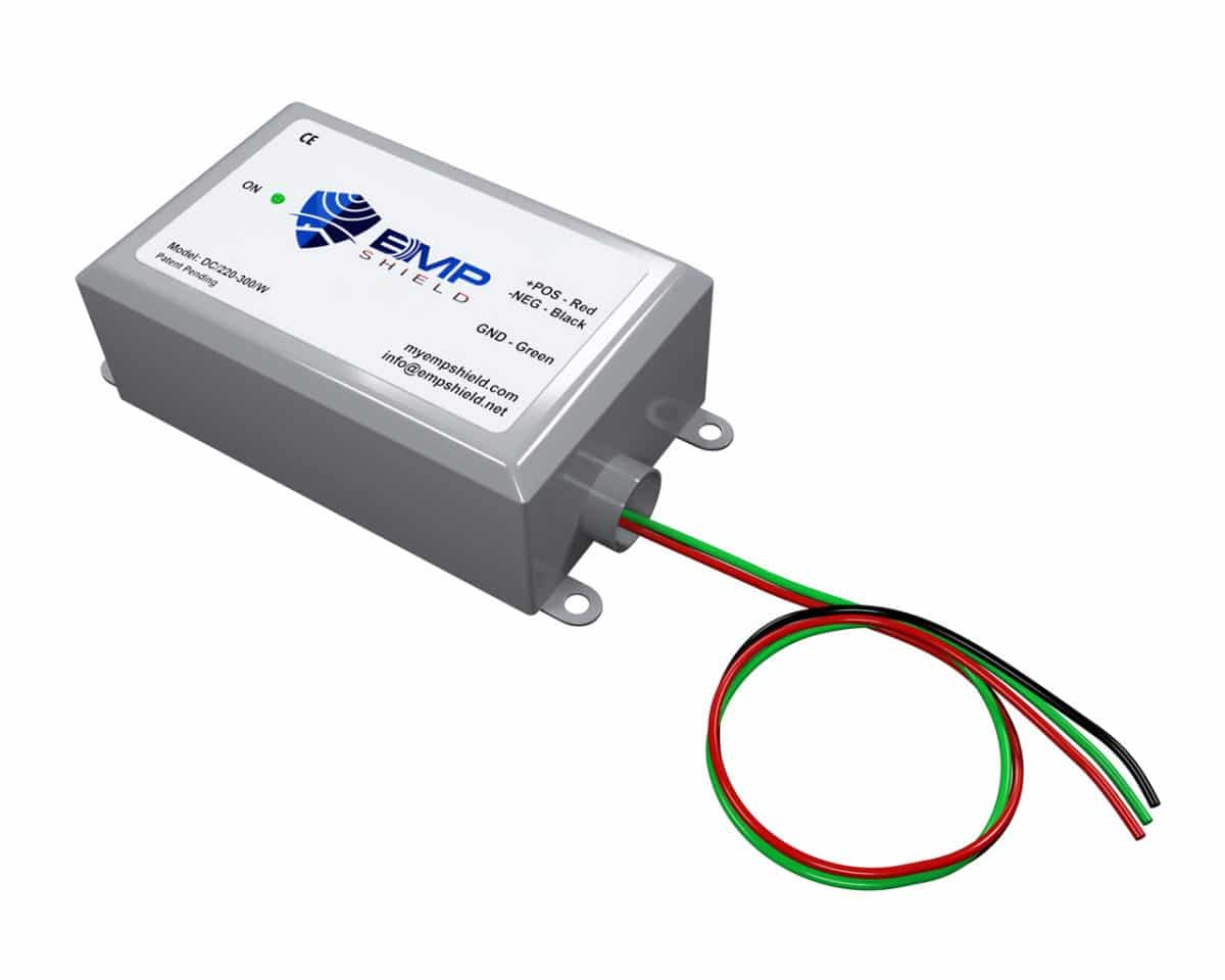 A power supply for a DC 220-300 Volt system with red and green wires that provides EMP protection.