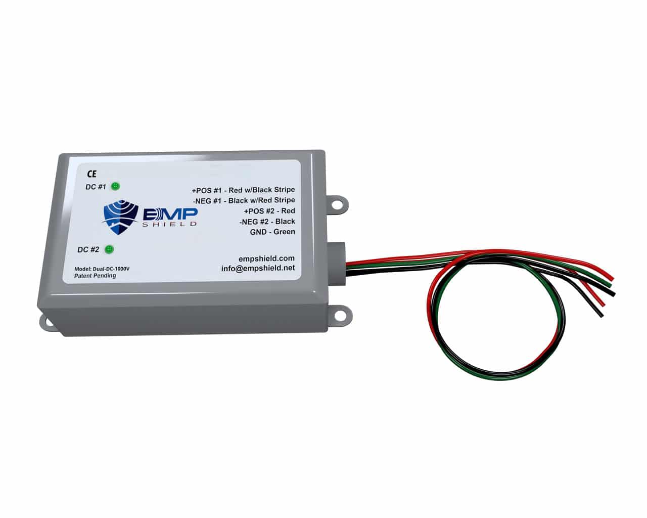 The evv power supply is connected to a white background and is compatible with EMP Shield Solar/Wind DC Dual 1000 Volt Systems (Dual-DC-1000V).