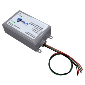 A Dual-DC power supply with a wire connected to it, designed to shield against EMP and compatible with Solar/Wind systems operating at 220-300 Volts DC.
