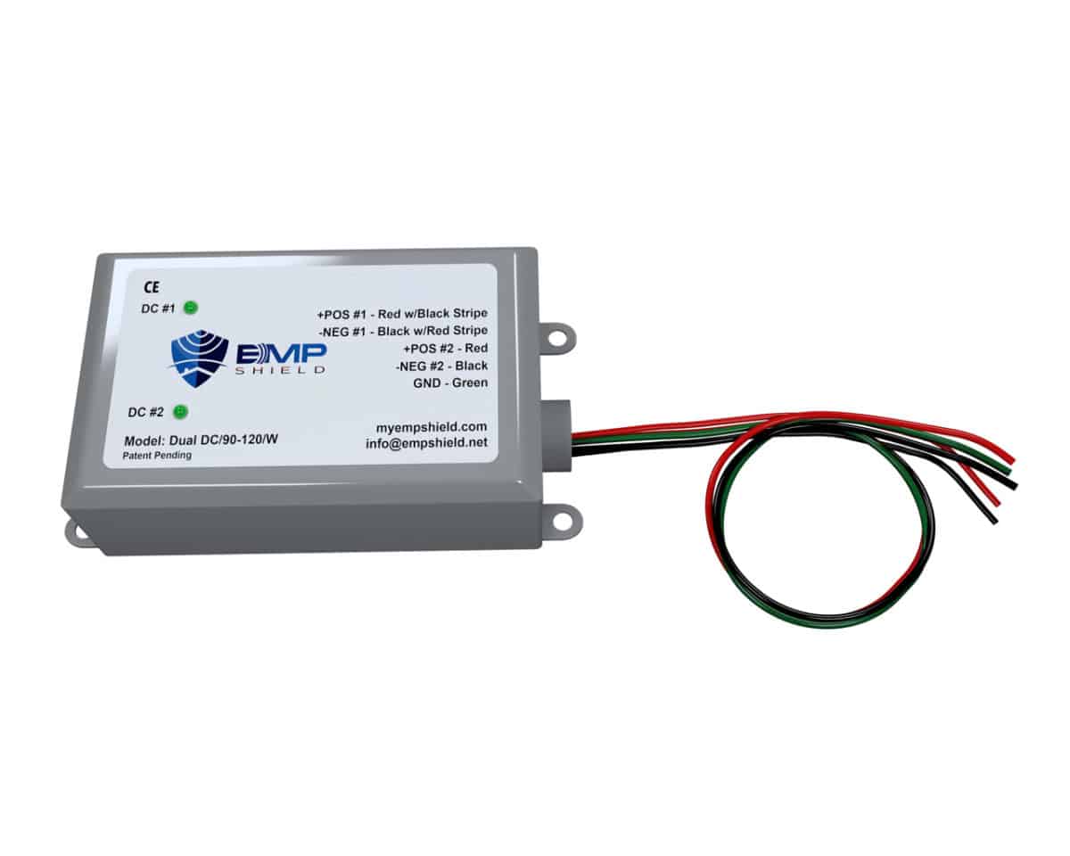 The evv power supply is attached to a white background and is EMP Shield Solar/Wind Dual 90-120 volt DC (Dual-DC-90-120-W) (SHIPS IN