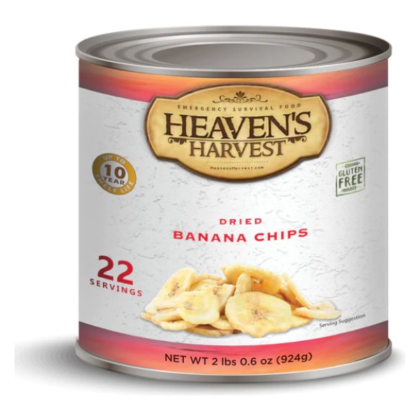 Heaven's Harvest banana chips in a can, 110 total servings.
