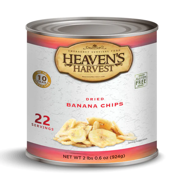 Heaven's Harvest banana chips in a can, 110 total servings.