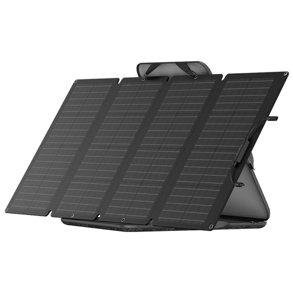 A portable solar panel in black, the EcoFlow 160W, on a white background.