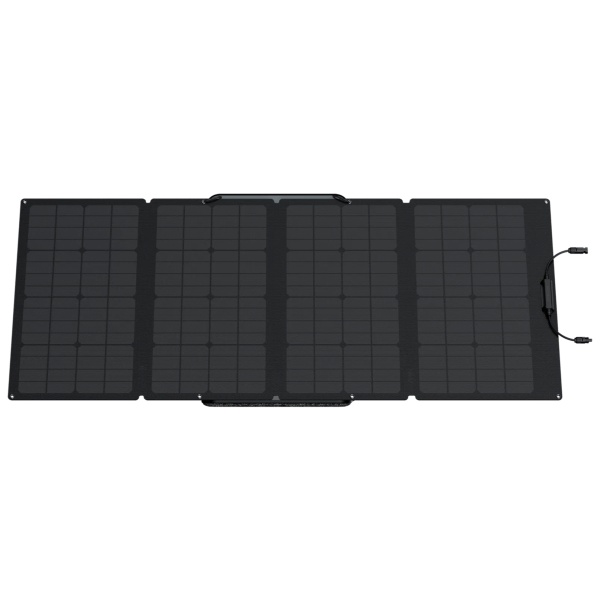 A black solar panel on a white background that is portable and from EcoFlow 160W Portable Solar Panel (SHIPS IN 1-2 WEEKS).
