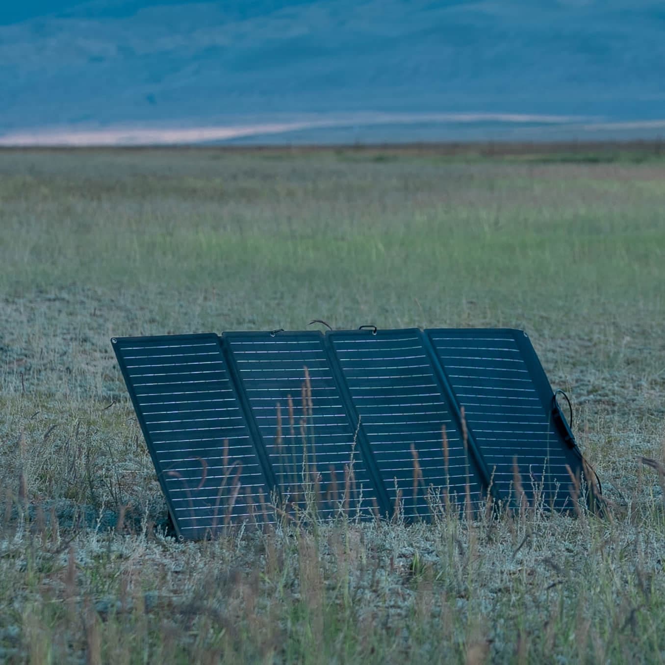 A portable 160W solar panel in a field.