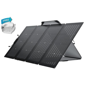 A portable solar panel with bifacial technology on a white background.