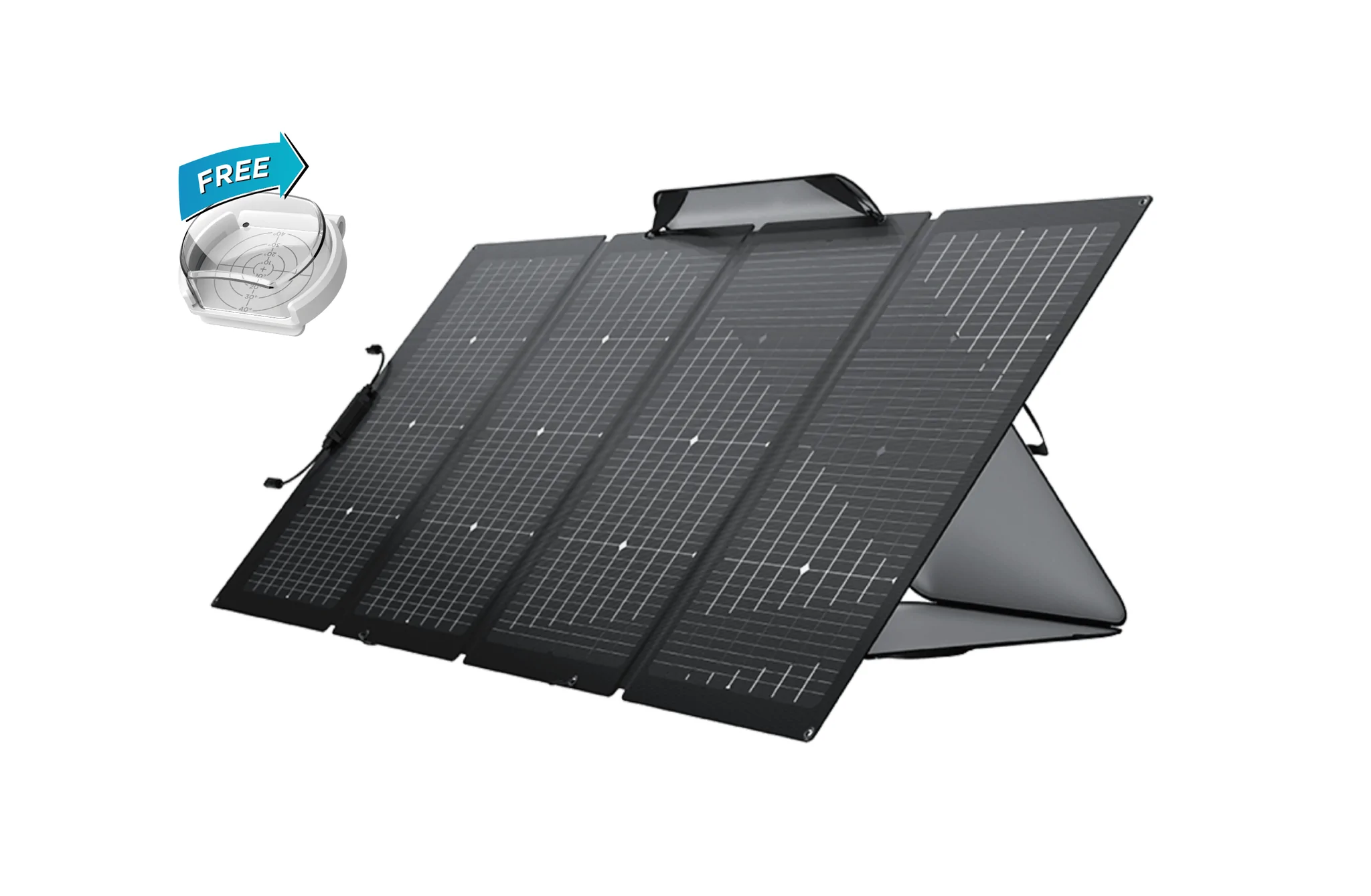 A portable solar panel with bifacial technology on a white background.