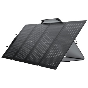 A portable solar panel with bifacial technology featuring a black design on a white background.