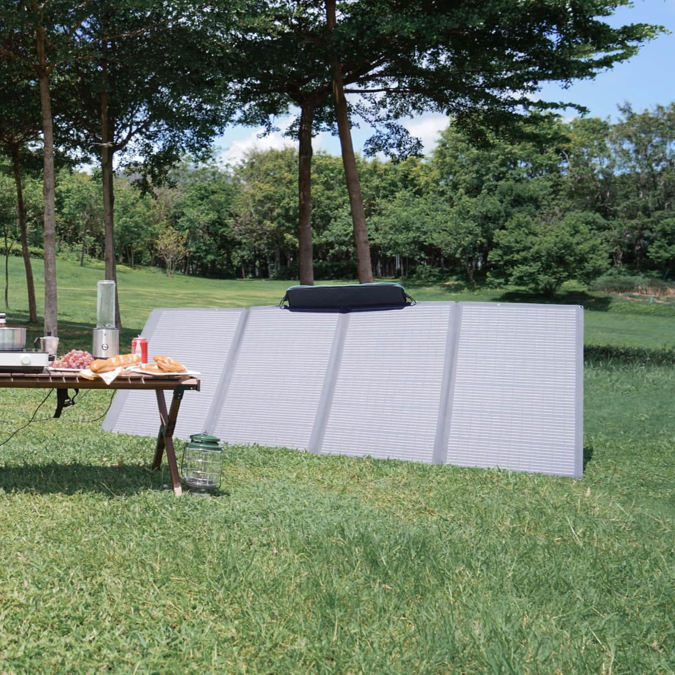 A portable solar panel, the EcoFlow 400W, is set up on a table in a grassy area.