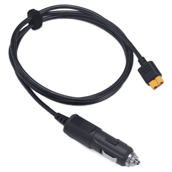 A black EcoFlow Car Charging Cable with a yellow plug on it (SHIPS IN 1-2 WEEKS).
