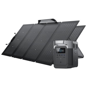 A white background showcasing an EcoFlow DELTA 1300 Solar Generator and two 220W portable solar panels.