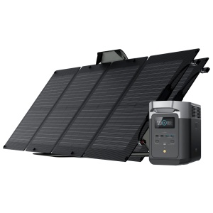 A white background with the EcoFlow DELTA 2 Solar Generator and two portable solar panels.