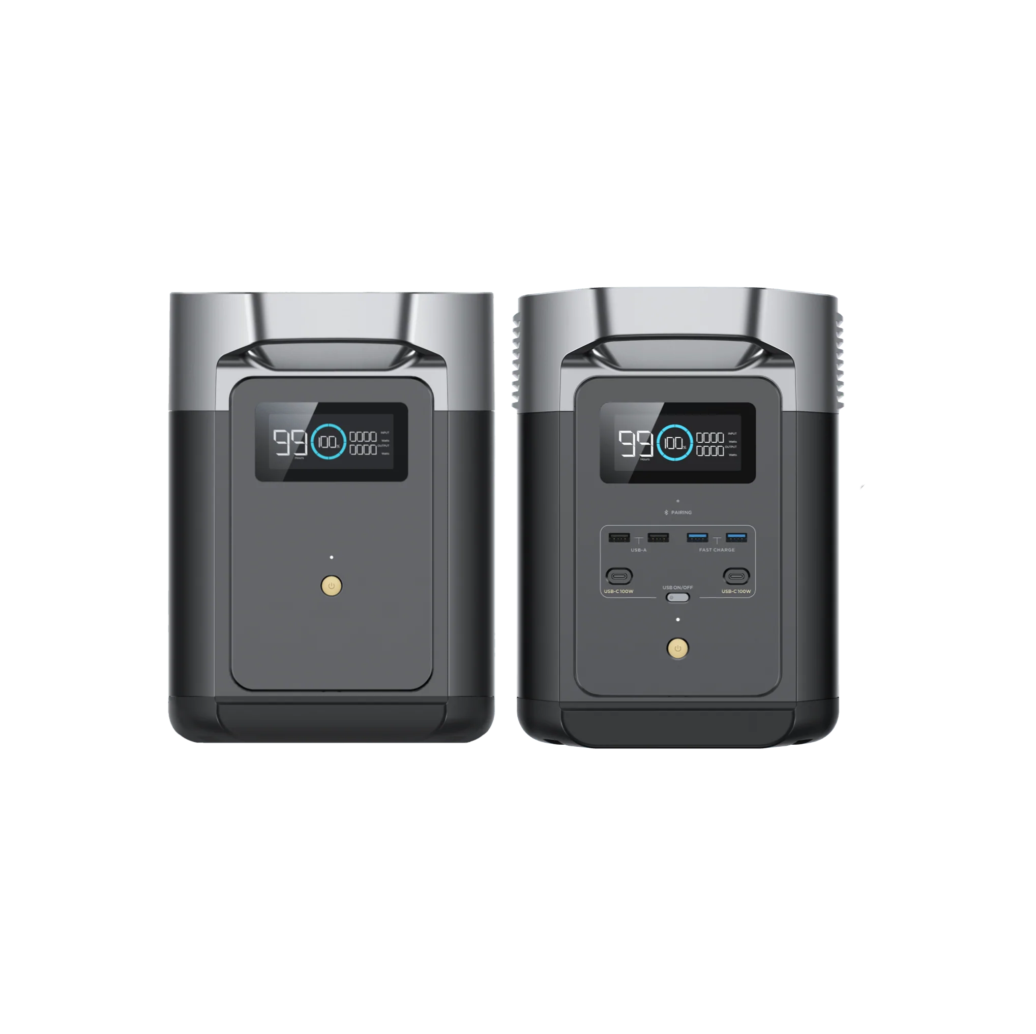 A pair of black and grey portable chargers with solar generator and smart extra battery on a white background.