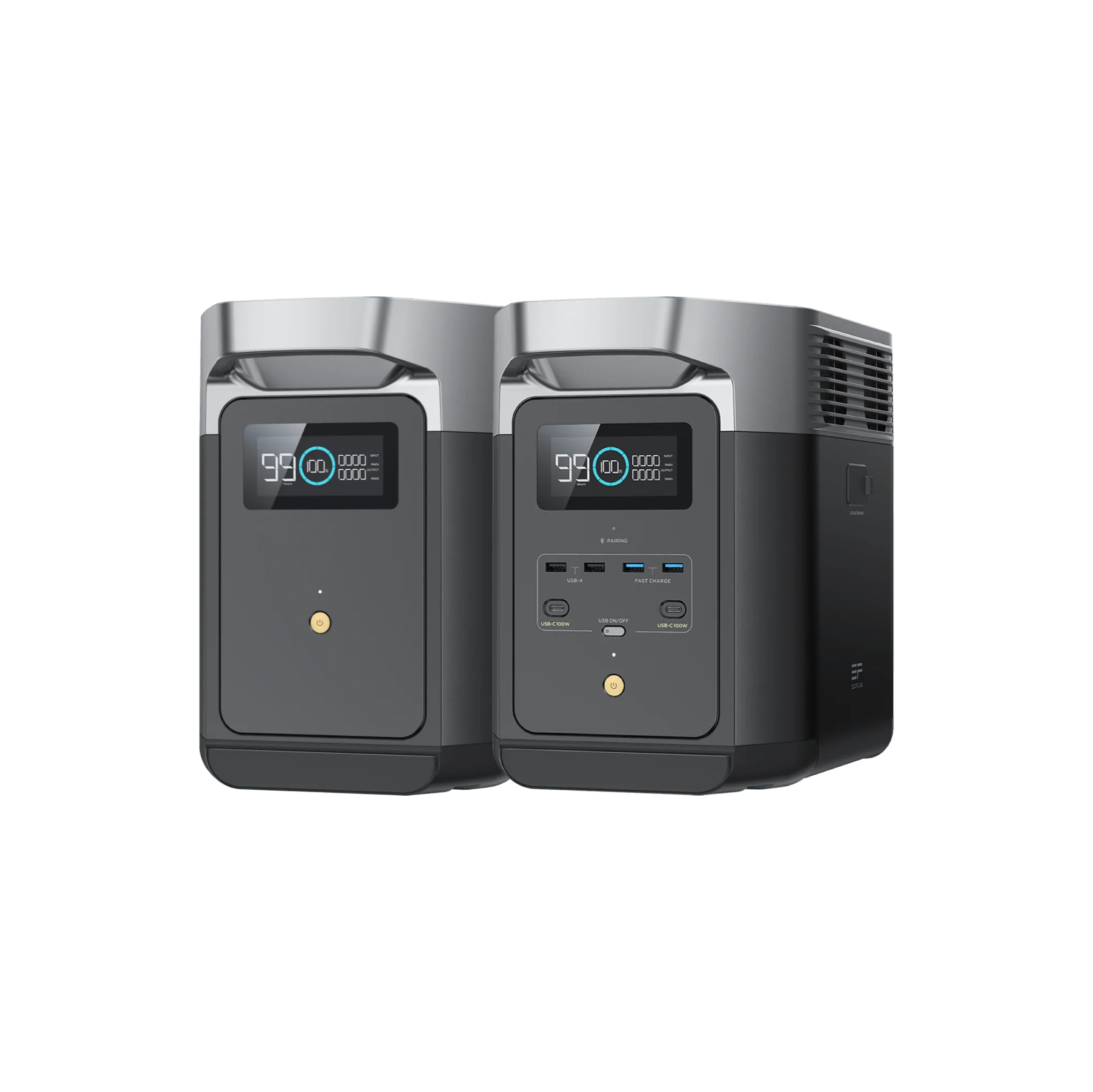 A pair of black and grey EcoFlow DELTA 2 Solar Generators on a white background.