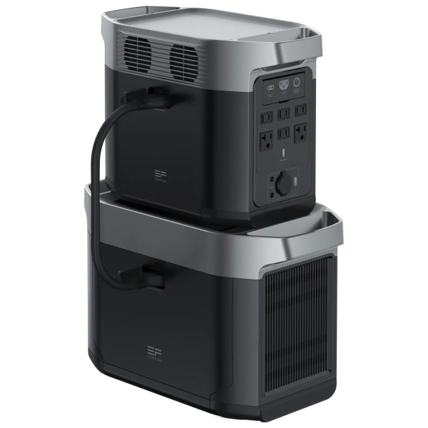 A stack of two coolers on top of each other equipped with the EcoFlow DELTA 2 Solar Generator and DELTA Max Smart Extra Battery (SHIPS IN 1-2 WEEKS).