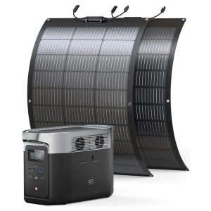 A white background showcasing the EcoFlow DELTA Max 1600 Solar Generator with two flexible solar panels.