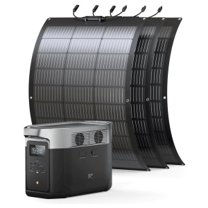 A solar panel system with a battery and flexible panels.