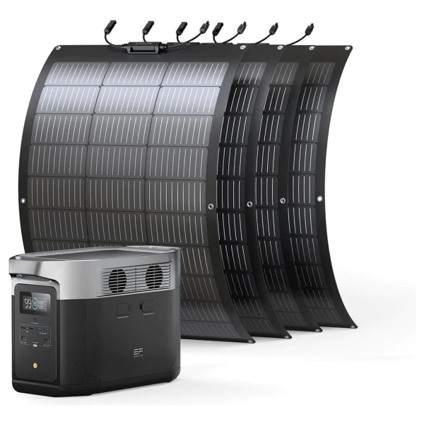 A solar generator with flexible panels and a battery.