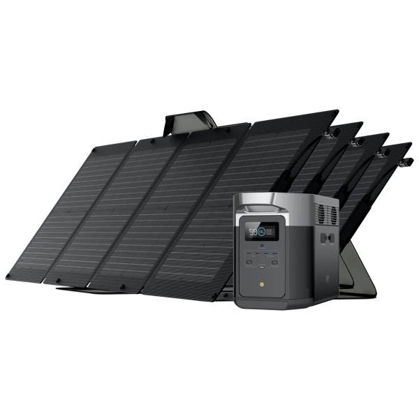 A solar panel with a battery attached to it, including the EcoFlow DELTA Max 1600 Solar Generator and four portable solar panels.