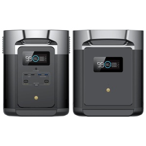 A pair of black and grey devices on a white background, consisting of the EcoFlow DELTA Max 1600 Solar Generator and DELTA Max Smart Extra Battery bundle.