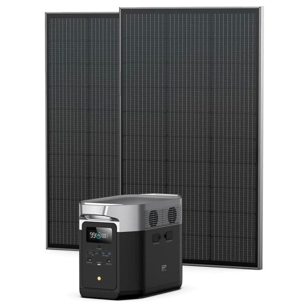 A solar panel system with a battery and charger that includes EcoFlow DELTA Max 2000 Solar Generator and Two 100W Rigid Solar Panels.