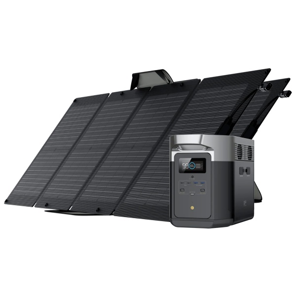 A solar panel with two portable solar panels on a white background.