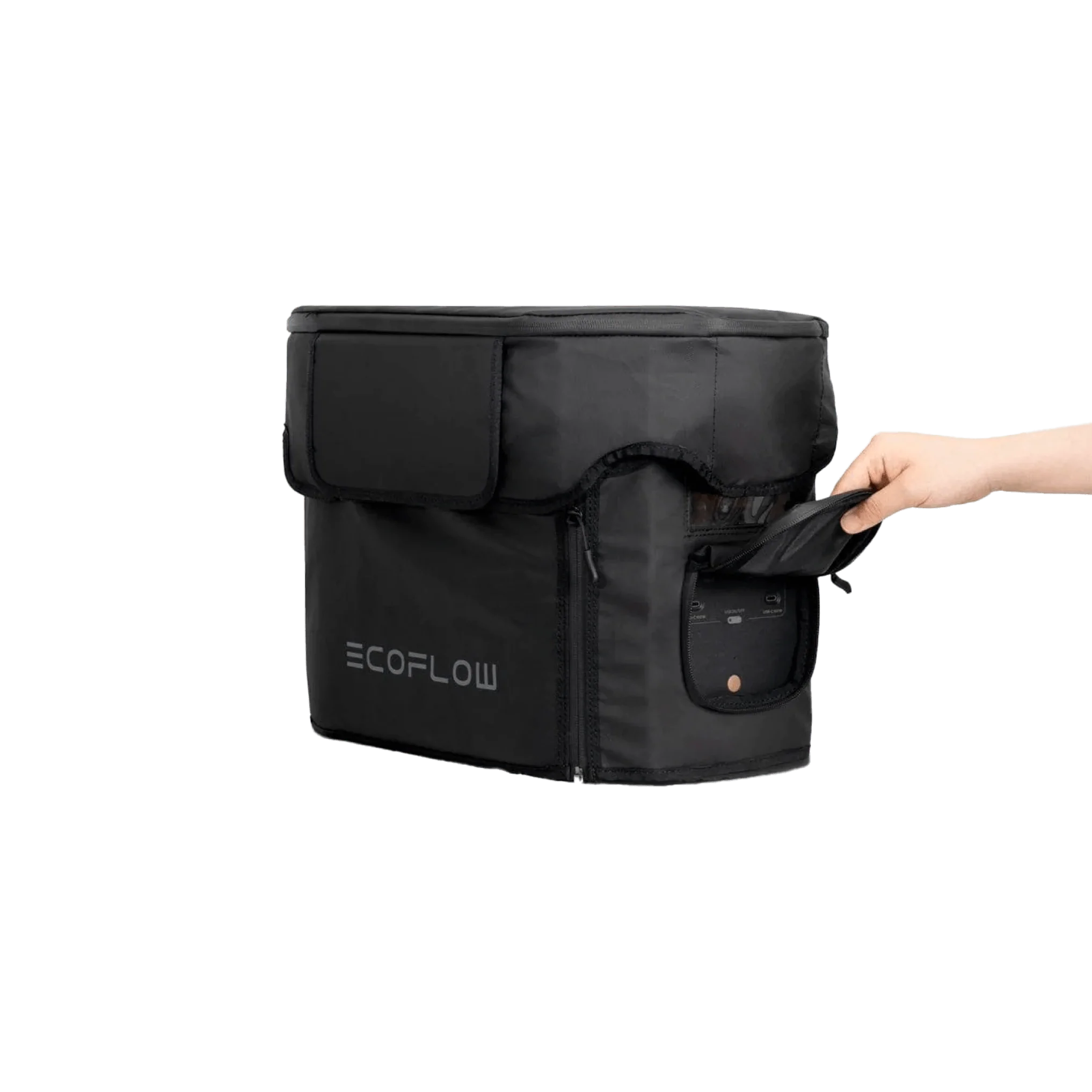A person holding a black EcoFlow DELTA Max Bag.