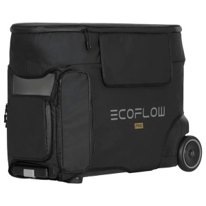 A black bag with wheels and a logo on it, the EcoFlow DELTA Pro Bag.Shanna