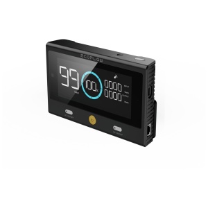 An LCD clock display with a black design.