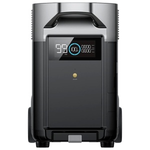A portable air purifier on a grey background with an EcoFlow DELTA Pro Smart Extra Battery.