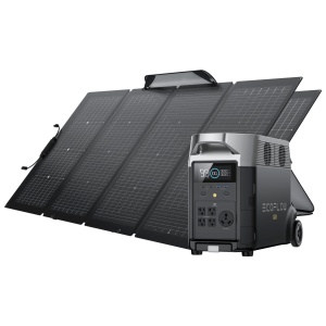 A portable solar power system with a battery and two 220W portable solar panels.