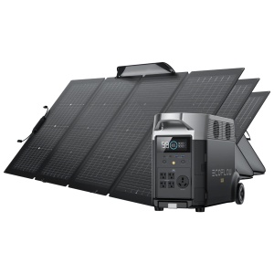 A portable solar power system with a battery and charger, including EcoFlow DELTA Pro Solar Generator and 3 portable solar panels.