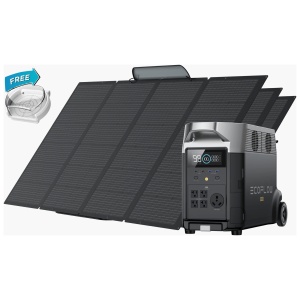 A solar panel system with a battery and a generator, including the EcoFlow DELTA Pro Solar Generator and three 400W portable solar panels.
