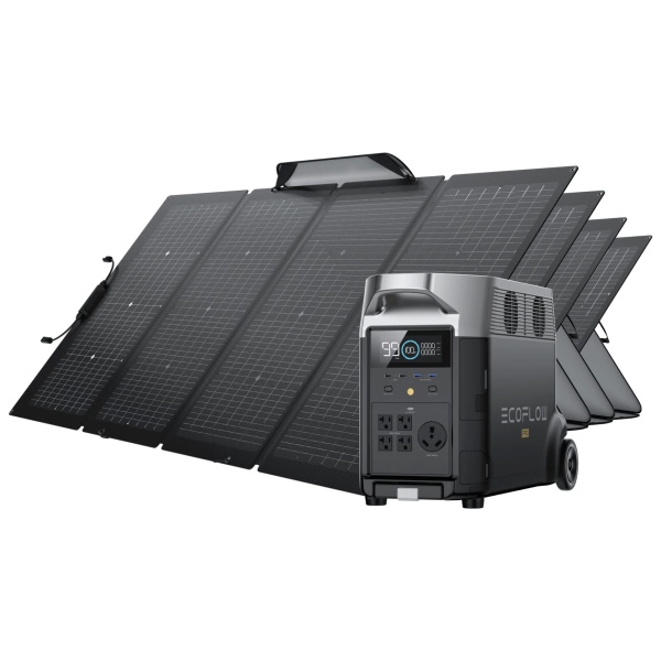 A portable solar power system with a battery and charger, including the EcoFlow DELTA Pro Solar Generator and four 220W Portable Solar Panels.