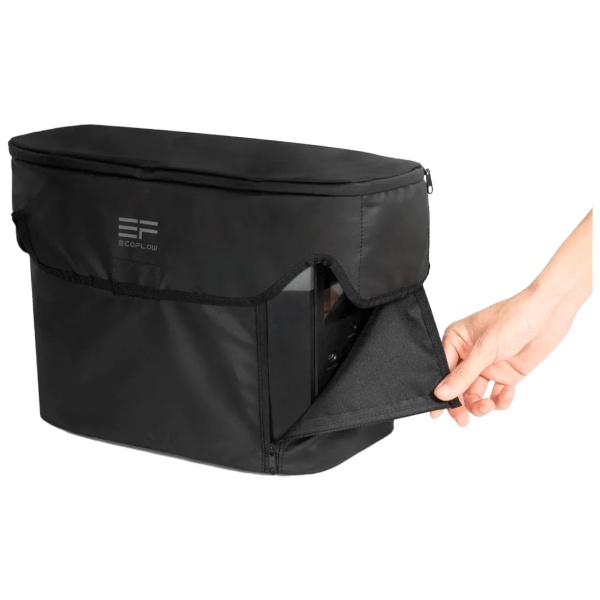 A black EcoFlow DELTA mini bag with a hand opening it.