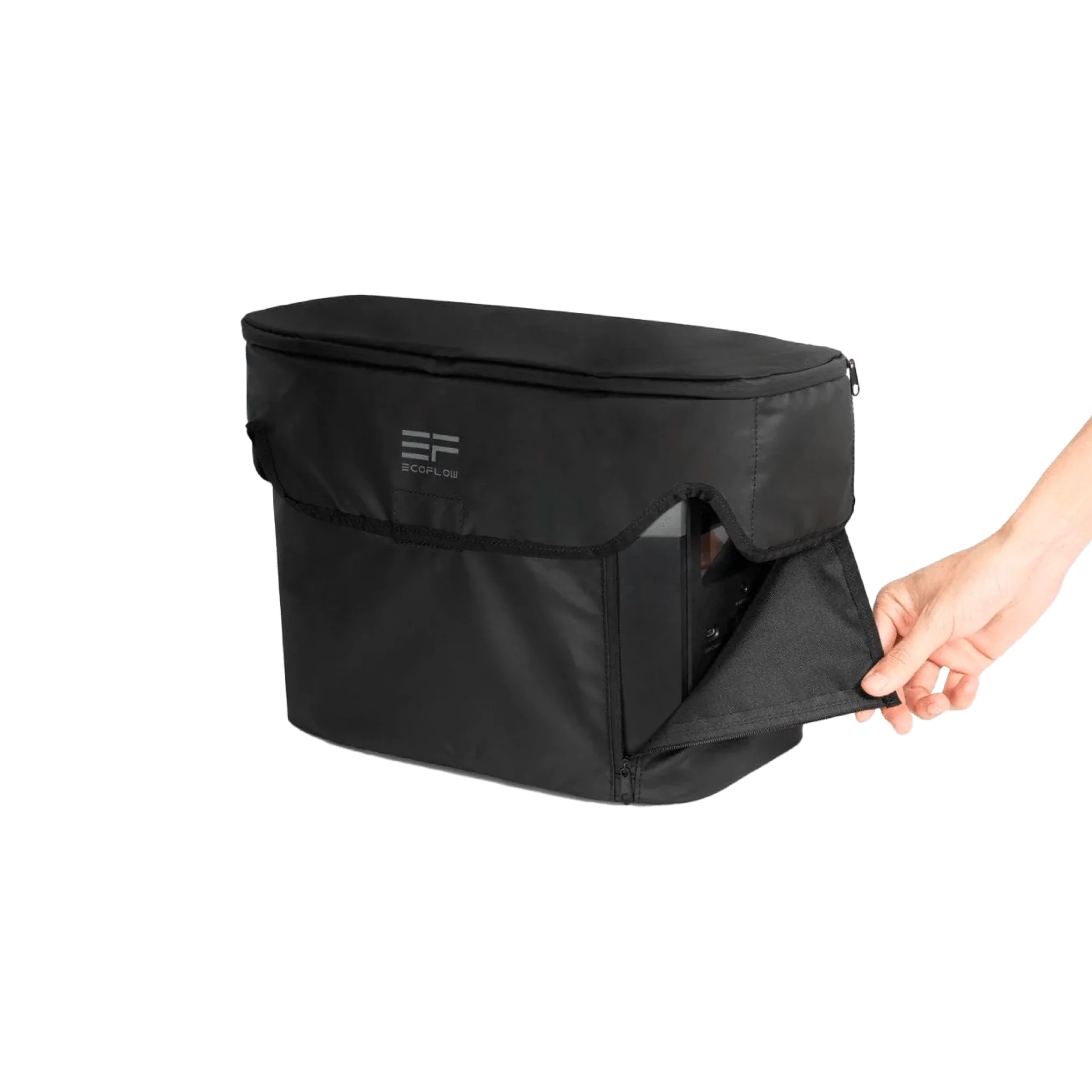 A black EcoFlow DELTA mini bag with a hand opening it.