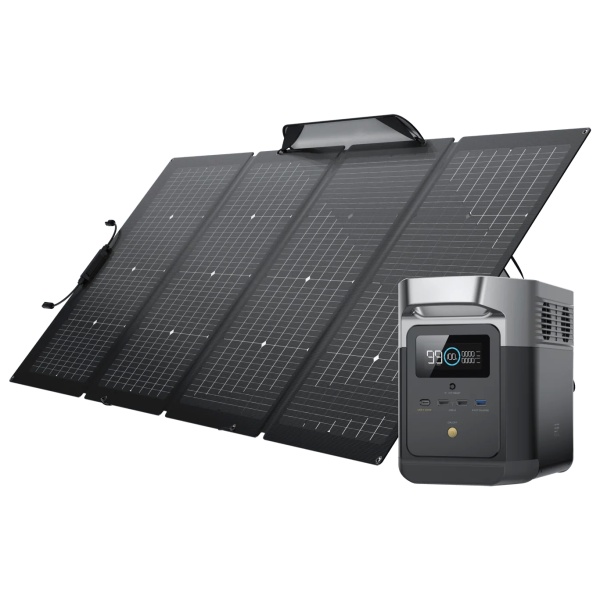 A portable solar panel designed for use with the EcoFlow DELTA mini Solar Generator, featuring a white background.