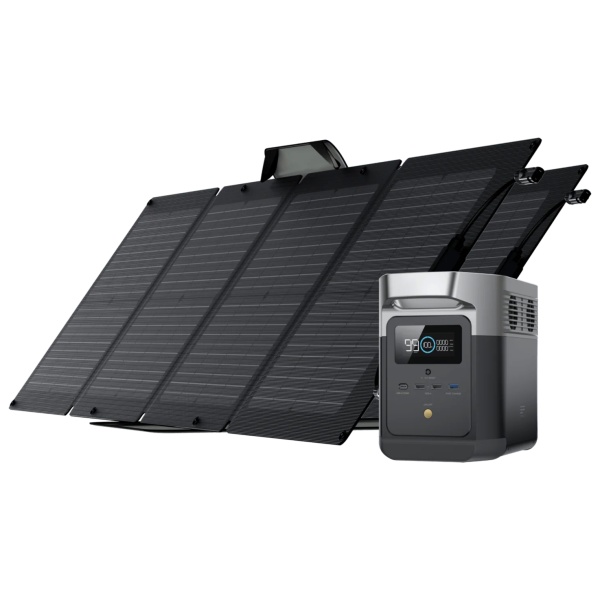A solar panel with portable EcoFlow DELTA mini Solar Generator and 2 (Two) 110W Portable Solar Panels on a white background.