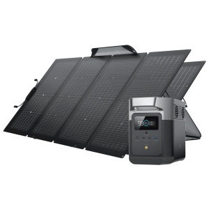 A solar panel on a white background with EcoFlow DELTA mini Solar Generator and 2 portable Solar Panels.