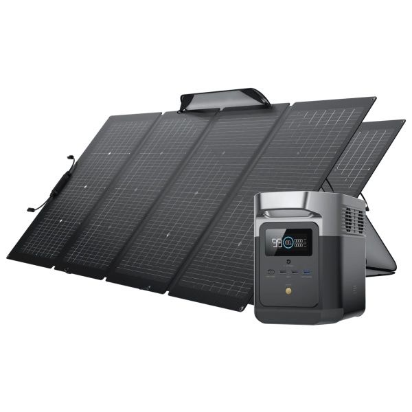 A solar panel on a white background with EcoFlow DELTA mini Solar Generator and 2 portable Solar Panels.