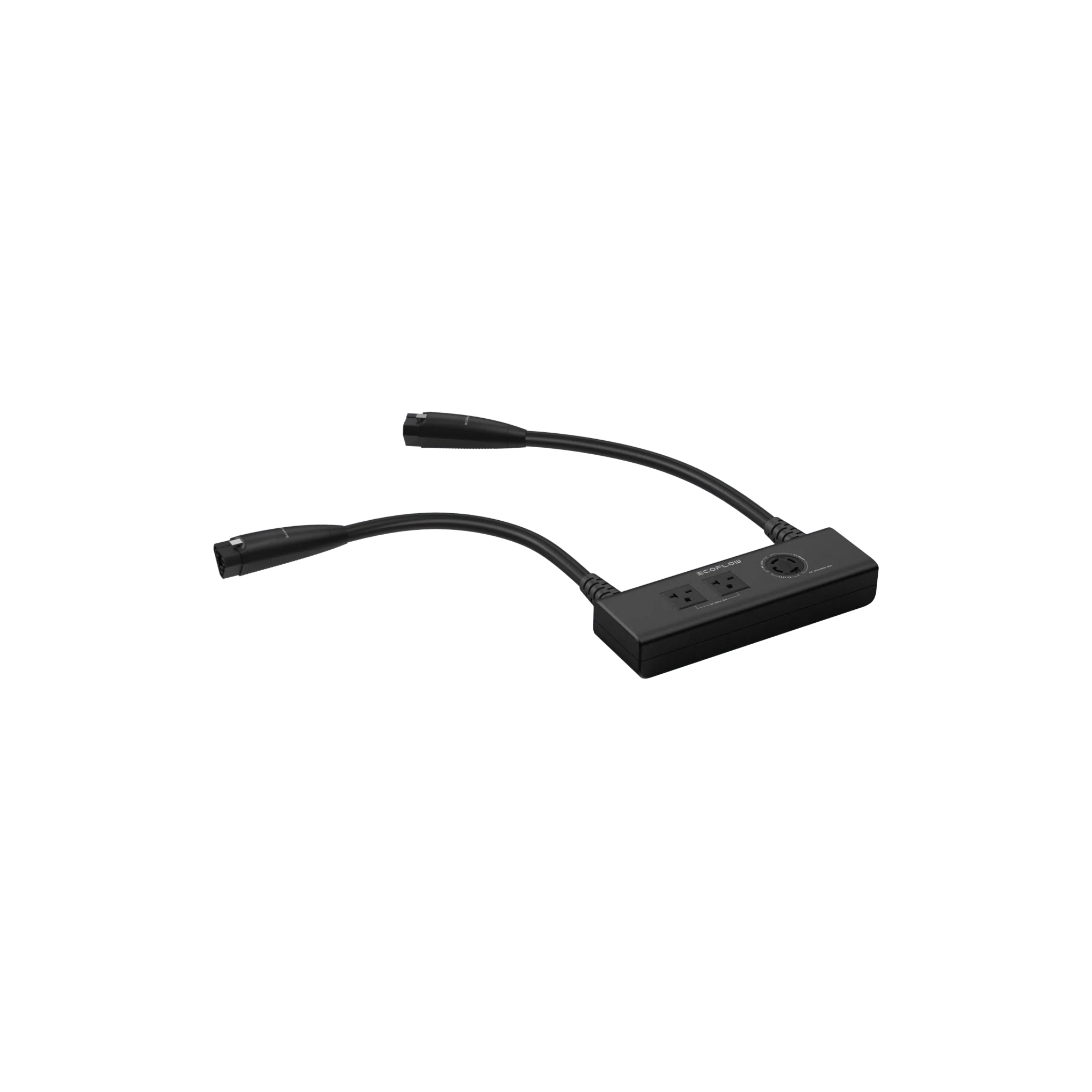 A black cable with two wires attached to the EcoFlow Double Voltage Hub.
