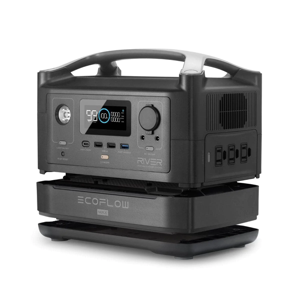 A portable power station featuring the EcoFlow RIVER Extra Battery, displayed on a white background.