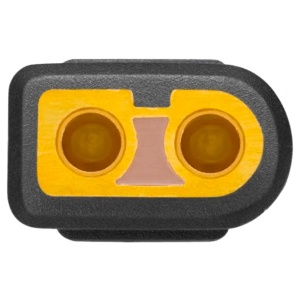 A flashlight with a yellow and black design on a white background.