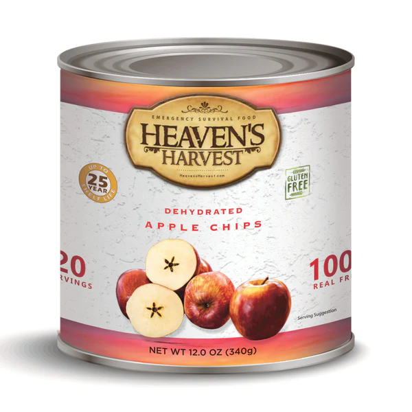 Dehydrated apple chips in a #10 can from Heaven's Harvest, providing 20 servings and shipping within 1-2 weeks.