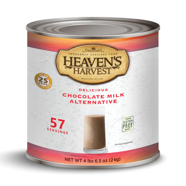 Heaven's Harvest freeze-dried chocolate drink in a #10 can with 57 servings.