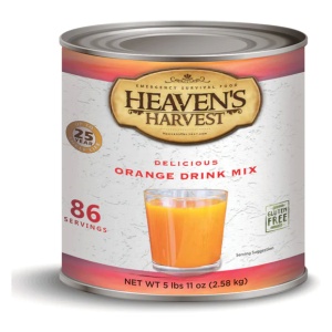82 servings of HEAVEN'S HARVEST orange drink mix in a #10 can, ready to ship within 1-2 weeks.