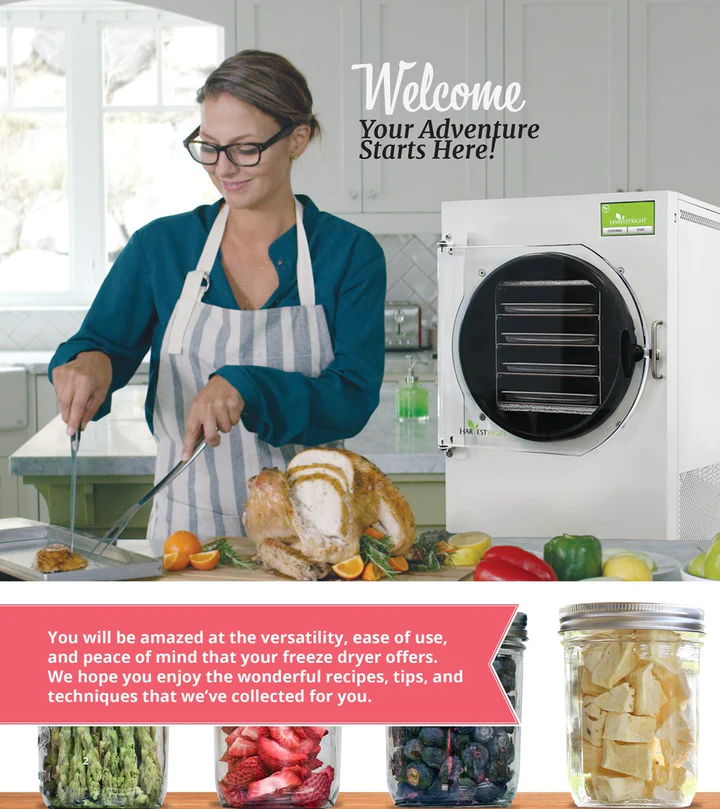 A woman is preparing food in a Harvest Right food dehydrator using the Harvest Right Cookbook.